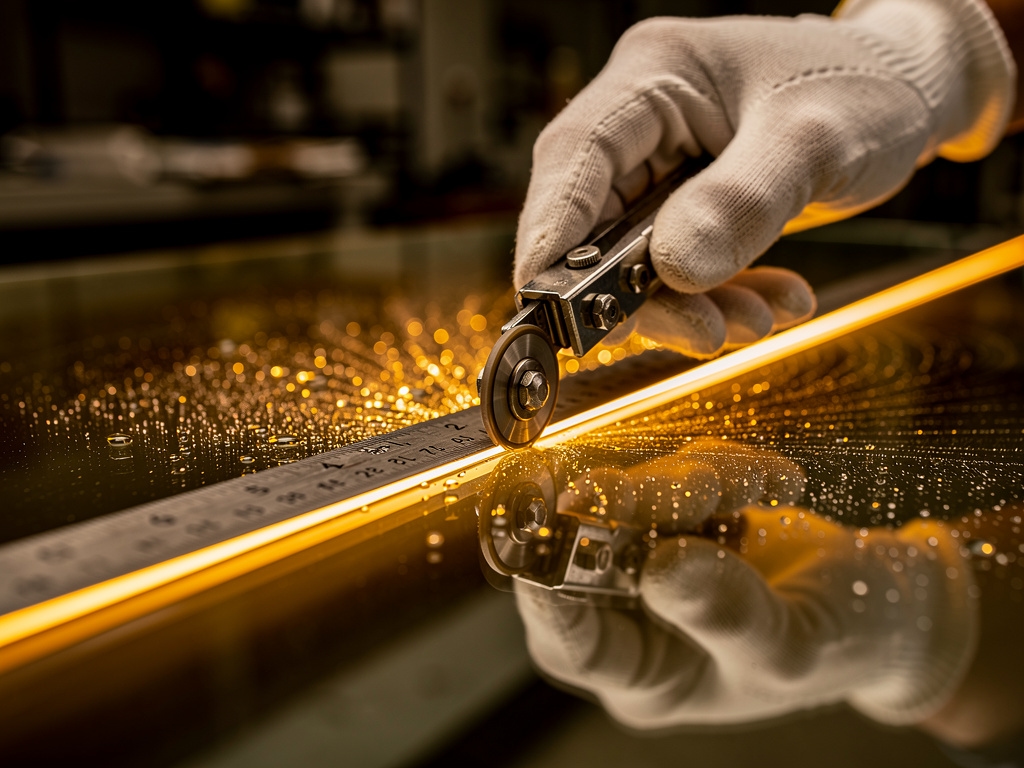 Präziser Zuschnitt einer Glasscheibe in der Werkstatt